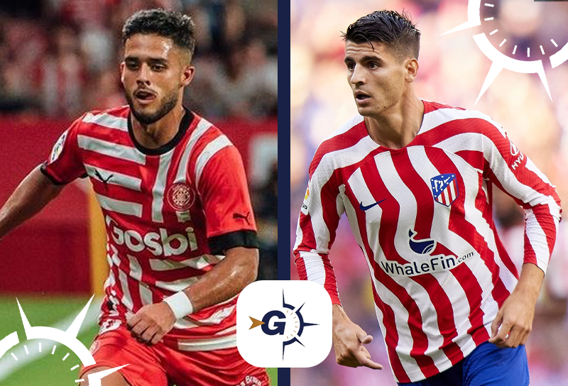 Girona x Atlético de Madrid Yan Couto, jogador do Girona, em lance durante partida. Alvaro Morata, do Atlético de Madrid, atento à partida.