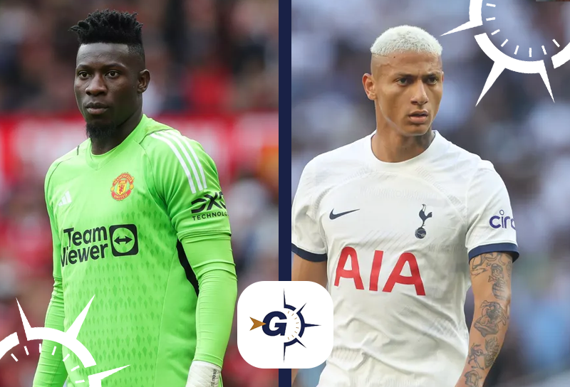 Manchester United x Tottenham: Onana atento à partida enquanto Son presta atenção em lance de jogo.