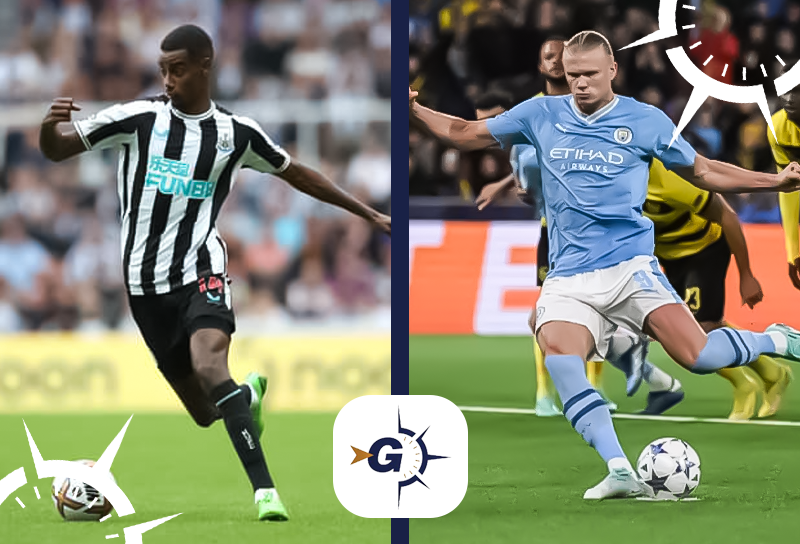 Newcastle x Manchester City: Isak atento ao jogo enquanto Haaland corre para comemorar