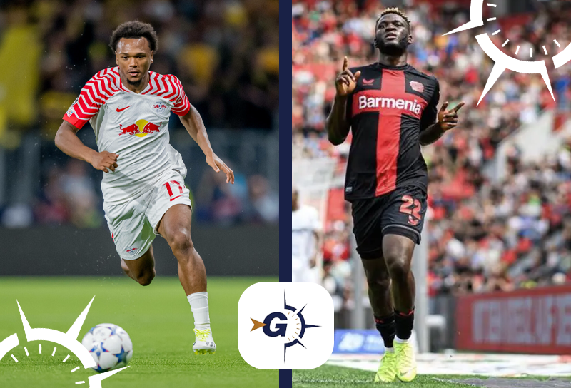 RB Leipzig x Bayer Leverkusen: Openda atento ao jogo enquanto Boniface comemora gol