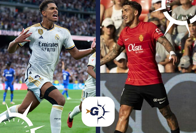 Real Madrid x Mallorca: Jude Bellingham, do Real Madrid, comemorando gol. Antonio Sánchez, do Mallorca, lamentando lance em partida.