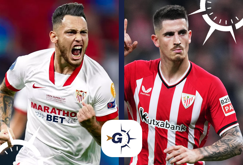 Sevilla x Athletic Bilbao: Ocampos comemorando lance enquanto Sancet aponta para cima.